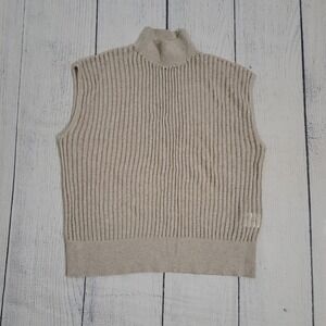 LINE XS Mock Neck Ribbed Sleeveless Knit Top Womens Beige Cotton Linen Blend